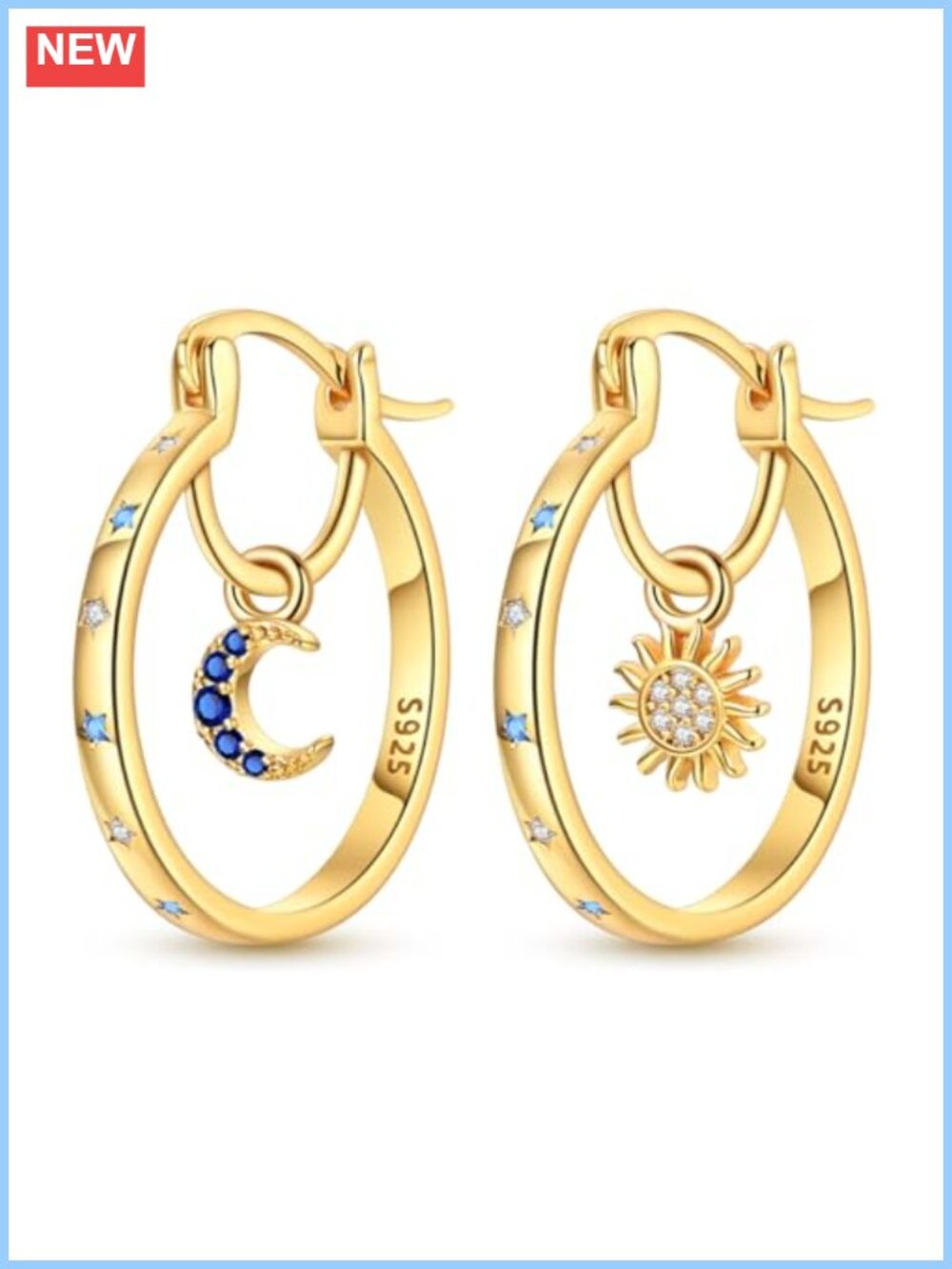 Gold Plated Sterling Silver Hoop Earrings Lightweight Star Moon Sun